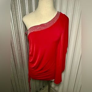 Vintage Torrid Red One Shoulder Size 2 Split Sleeve Top with Silver Sparkle